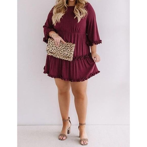 Impressions by Love Stitch Mini Dress Womens 2X Burgundy Ruffle Boho Cottagecore - Picture 1 of 11
